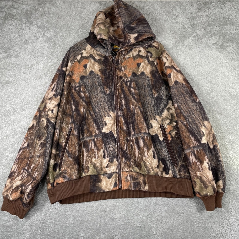 Vintage Cabelas Fleece Hoodie Mens 2XL Brown Camo Full Zip Hunting Jacket